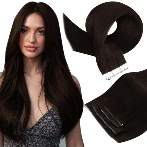 Image of Full Shine Tape in Weft Hair Extensions Human Hair, Darkest Brown 16 Inch