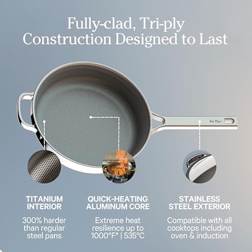 Our Place Titanium Large Always Pan Pro - 12.5” (4.2 Qt) No-Coating Nonstick Pan | Tri-Ply Titanium & Stainless Steel | Safe for Oven, Induction & All Cooktops up to 1000°F | Includes Spatula | Chrome - Image 5