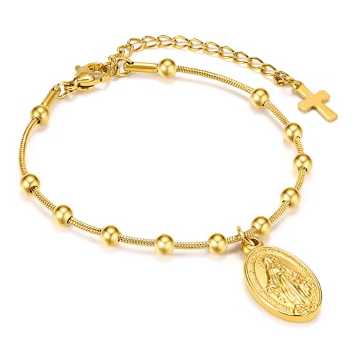 Women's Gold Virgin Mary Bracelet - 14k Gold Plated Rosary Bead Cross Bracelets,Hypoallergenic Non Tarnish Gold Religious Baptism Dainty Virgen de Guadalupe Bracelets,Catholic Jewelry Gifts for Her