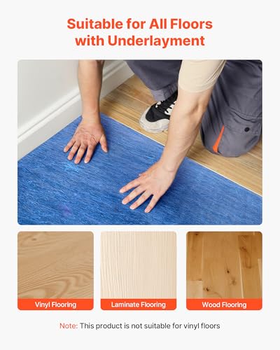 Image of VEVOR Floor Underlayment 400 sq. ft, 3mm Laminate Flooring Padding with Attached Vapor Barrier, Heavy Duty Fiber+PE Film, Soundproofing & Noise Reduction for Vinyl & Wood(2 Rolls x 200 sq. ft)