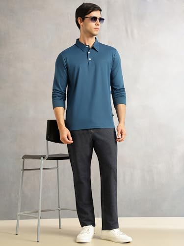 Image of Thomas Scott Men's Regular Fit Polo Performance T-Shirt | Viscose Rayon Fabric | Solid Knitted Polo Collar | Long Sleeves | Soft, Breathable & Comfortable Casual Wear for Men