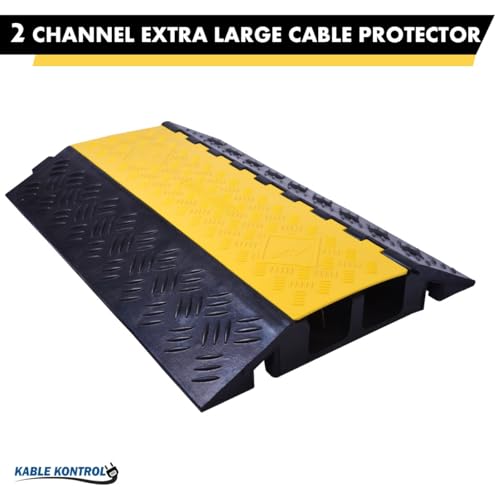 Image of Kable Kontrol Atlas Heavy Duty Cable Protector Ramp - 2 Channel - 1 Pc - 35 inch Long Black & Yellow - 32000 Lbs Capacity - Rubber Speed Bump Wire Protector Cord Cover - CP9985