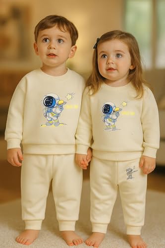 Image of Bold N Elegant Kids Fleece Lined Winter T-Shirt Jogger Set Warm Sweatshirt Pants | Stylish Astronaut Print Winter Co-ord Set for Infant Toddler Teedler Boys n Girls