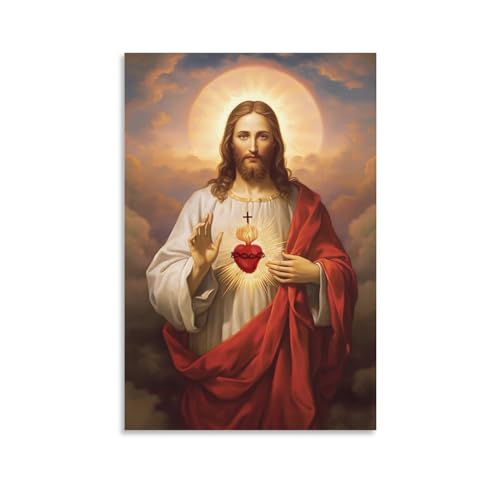 HHGaoArt Cuadro mural vintage Jesús para pared Sagrado Corazón Póster Dios Cristo religioso católico pintura sobre lienzo María Impresión artística para decoración de iglesia (imagen 01-Jesús, 30,5 x