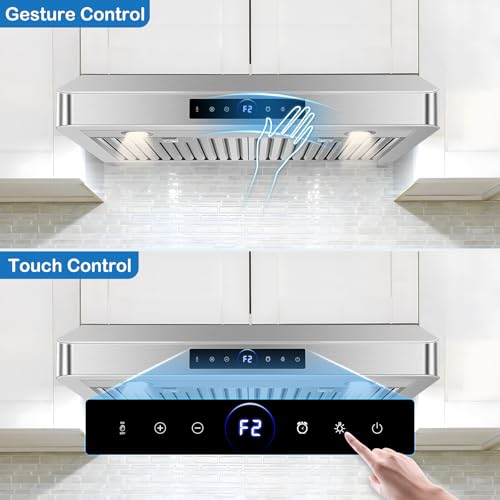 Image of 30 inch Under Cabinet Range Hood 1200 CFM with 4-Speed Gesture Sensing & Touch Control, Stainless Steel Kitchen Stove Vent Hoods with 2 LED Lights, Time Setting, Dishwasher-Safe Baffle Filters