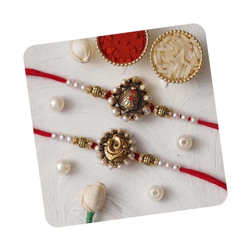 Image of eCraftIndia Set of 2 Lord Ganesha and Om Religious Rakhi for Brother Bhaiya Bhai | Roli Chawal Pack