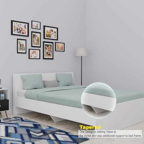 Image of VIKI Tapered King Size Wooden Bed Frame (70x80) | Engineered Wood Platform Bed for Bedroom | Modern Bedroom Bed Without Storage | Frosty White Finish | Free Assembly | 1 Year Warranty