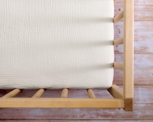 Image of Meracorallo Muslin Pack and Play Fitted Sheet, 100% Cotton, Cream | Soft Breathable Mini Crib Sheet, Pack N Play Sheet, 38x26 In, Playard Mattress Sheet for Baby Boys and Girls