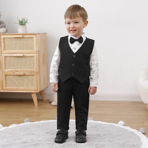 Image of YUEMION Toddler Baby Boy Clothes Suits Gentleman Dress Shirt+Bowtie+Vest+Suspender Pants Boy Formal Wedding Outfits Set 1-5T