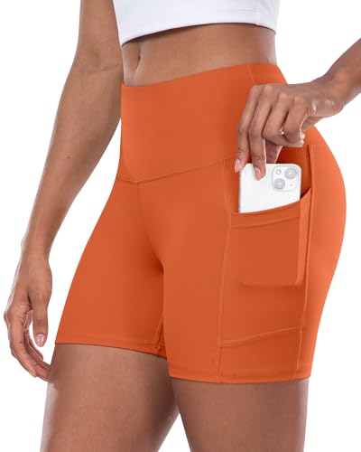 La Mejor Lista de Ropa Naranja - los preferidos. 46 CHRLEISURE - Pantalones cortos de yoga para mujer con bolsillo, cintura alta con control de abdomen de 5 pulgadas, elastano para entrenamiento, Naranja, Small