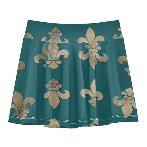 Aflyko Girls Pleated Skater Skirt Antique Gorgeous Fleur De Lis High Waist Cheerleading Dress Dance Skort with Lining Shorts Weekend Date Outfit Short Bottoms, 9-10T Multicoloured