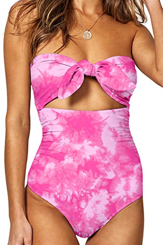 BOOSOULY Women's Beandeau Tie Knot Front Cut Out High Waist One Piece Swimsuits (M, Tie_dye_Pink)