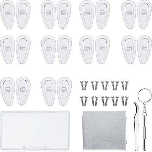 Kit de reparação de óculos, 10 pares almofadas de nariz para óculos de silicone, almofadas de nariz de óculos silicone macio com parafusos chave de fenda pinça pano limpeza