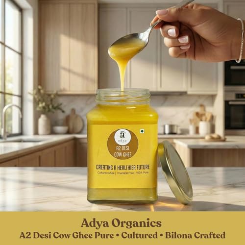 Image of Adya Organics A2 Ghee - 100% Pure Desi Cow Ghee, Chemical Free, Cultured. Bilona Method, Rich in Healthy Fats, Ideal for Cooking & Spreading, 400ml