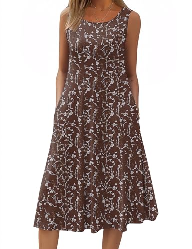 Image of HOTOUCH Summer Casual Dresses for Women Sleeveless Midi Dress Swing Tank Sundress Pleated Tshirt Dress with Pockets