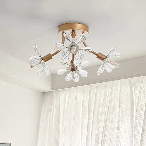 Modern Sputnik Flush Mount Ceiling Light, Gold Metal Flower Semi Flush Mount Ceiling Light Fixtures, Farmhouse Close To Ceiling Lamp Fixture For Bedroom Closet Kitchen Living Room Hallway(4-Light) #TOP7