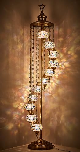 DEMMEX 11 Globe Turkish Moroccan Mosaic Floor Lamp, 7ft Tall - Tiffany Style Standing Decorative Boho Lamp with Colorful Globes for Bedroom, Living Room, Entryway – Handmade in Turkey, Multicolor