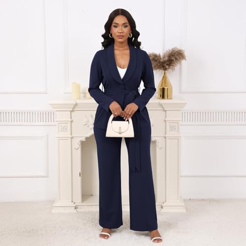 Elainone Women's Business Blazer Pants Set Dressy Professional Suits Wide Leg Office 2 Piece Outfit, Navy Blue, L