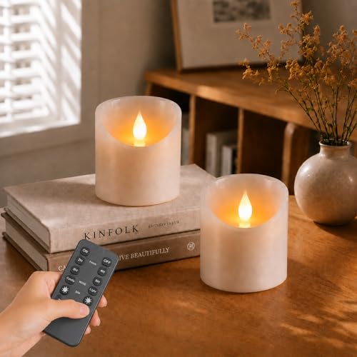 Image of 3 inchx3 inch Flickering Flameless Candles, Realistic LED Candles, Battery Operated Candles with Remote and Timers, Real Wax Electric Fake Pillar Candles for Festival Wedding Home Party Decor -2Pack
