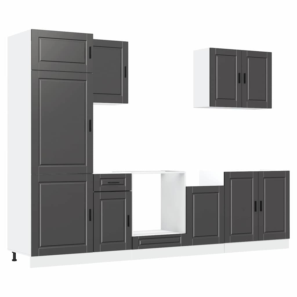 Set di 7 mobili da cucina Porto nero, cucina moderna in legno, blocco cucina con mobiletti inferiori, pensili e dispensa per riporre oggetti in cucina