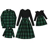 PATPAT Matching Family Outfits Mommy and Me Dresses Matching Set Mom and Daughter Matching Outfits Long Sleeve Patchwork Belted Dress and Button Down Plaid Shirts Green Buffalo Plaid Dress for Women L