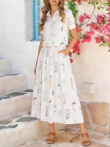 Tankaneo Womens Floral 2 Piece Skirt Set Summer Puff Sleeve Crop Blouse and Maxi Dress Outfits Matching Vacation Outfits White — view 4