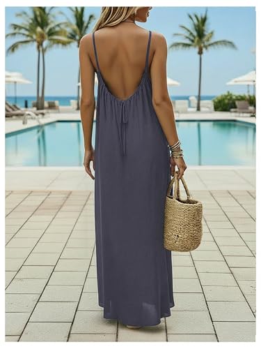 Image of SHENHE Women's Open Back Spaghetti Strap Beach Maxi Dress Loose Flowy Vacation Sundress