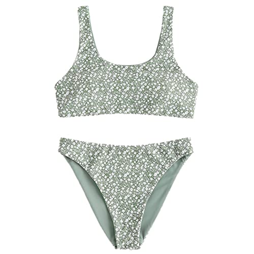 Traje de baño para niños y niñas playa deporte correas de impresión floral traje de baño de cintura alta bikini conjunto vacaciones playa traje de baño 2 piezas Swimwear Swimsuit (verde, 11-12 años)