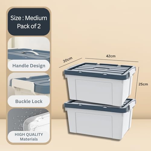 Image of HoopVool Multipurpose Plastic Storage Container Box - Sturdy and Versatile Home Organizer, Available in Multiple Size. (HEAVY GREY, HEAVY GREY MEDIUM- 16.5X11.8X10 INCH, PACK OF - 2)