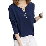 [チュナッチ] 4色展開 長袖 Vネック カットソー ストレッチ ボタン 付き M~2XL レディース ユッタリ オーバーサイズ 着心地のいい 服 生地 かわいい かっこいい ジョギング バンド バレーボール バスケ トランポリン ボクシング スポーツ 夏 トレーニングフィットネスウェア ストレート ヨガウェア ランニング 無地 xl 春物カットソー ネイビー CHA42-NAXL