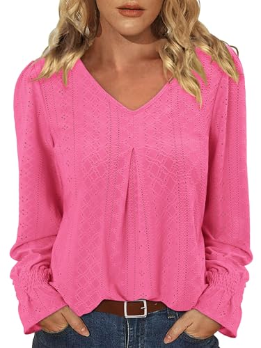 KISSMODA Long Sleeve Fall Shirts For Women V Neck Tunic Tops Embroidered Button Down Knitted Blouses 2025