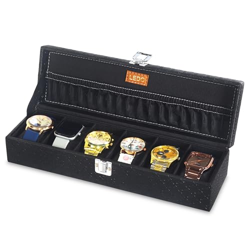 Image of LEDO Luxury Watch Storage Box, 6-Slot Watch Display Case Organizer with Metal Clasp, Black PU Leather, Black Interior