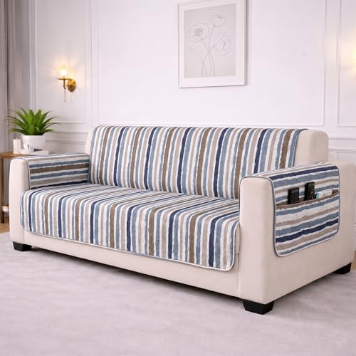 Image of STITCHNEST 'CloudFeel Series' Quilted Printed Velvet Sofa Cover for 3 Seater | Premium Soft Velvet Sofa Protector | Blue Striped Design with Armrest Pockets | Furniture Cover
