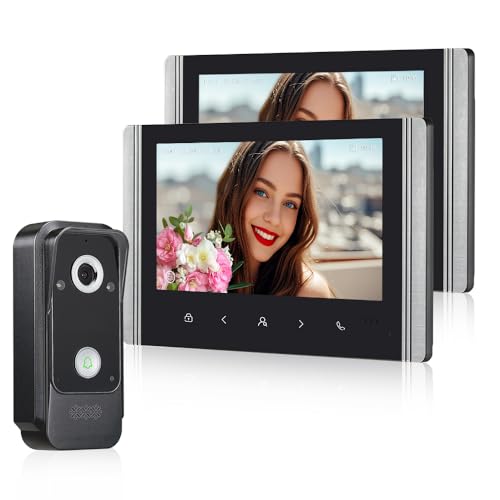 QttyElok Sistema de intercomunicación para el hogar, cámara de video HD 1080P, timbre de puerta con visión nocturna IR con 2 monitores de interior, pantallas a color con cable de 7 pulgadas