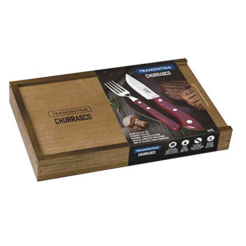 Tramontina Churrasco Rio Grande - Conjunto de talheres para carne (4 peças, aço inoxidável e madeira de pino), cor vermelha