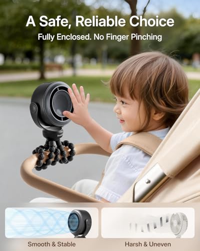 Image of SWEETFULL Portable Stroller Fan, Pinch-Proof Baby Fan - Black | Wide Turbine Airflow; Safe Design; LED Display; 5-Speed; 30dB Quiet; USB-C Rechargeable; Mini Clip On Fan for Car Seat & Bed
