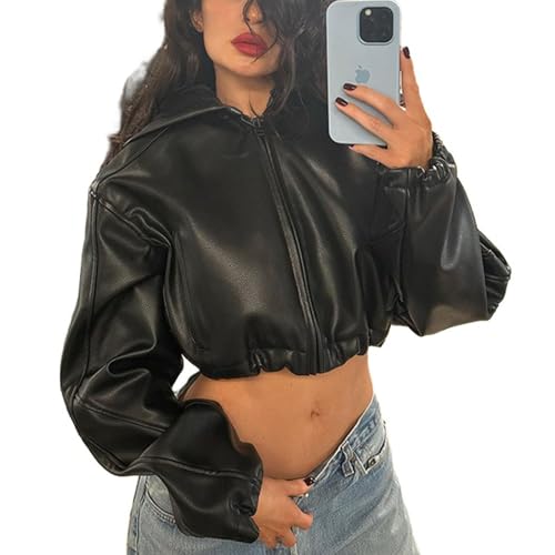 Mandonce Leather Jacket Women Zip up Hoodies Motorcycle Bomber Jacket Streetwear Cropped Trench Coat for Women
