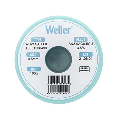 Image of Weller WSW SAC L0 (T0051387099) Lead Free Solder Wire, Dia: 0.5 mm / 0.020 in, Wt: 500 g / 17.637 oz, Alloy Sn96.5Ag3.0Cu0.5, Flux content 3.5%