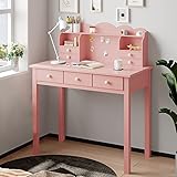 ADORNEVE 36.2 inch Pink Writing Desk with Drawers, Study Desk with Hutch, Computer Desk,Girls...