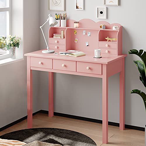 ADORNEVE Writing Desk with 7 Drawers, Home Office Desk with Hutch, Student Desk Study Table, Small White Desks, Solid Pine Wood Legs