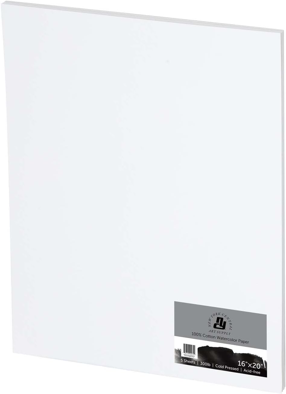 New York Central Watercolor Paper - 16x20-1 Pack of 5 Sheets - 300 lb. Cold Press - 100% Cotton, Acid-Free, Archival Quality, Bright White Watercolor Paper Pad for Wet & Dry Media