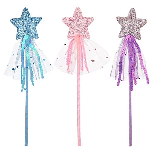 Prasacco 3 Pcs Fairy Wands Glitter Princess Wands Star Wand Fairy Stick for Adult Women Christmas Costume Prop Birthday Party Supply Cosplay Accessories