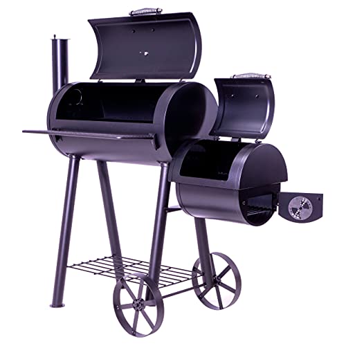 Nexos BBQ Grill Smoker Grillwagen Holzkohlegrill 2 Kammern Barbecue 125x60x120 cm 28 kg Transporträder Temperaturanzeige Stahlblech Lüftungsklappen Ablageflächen