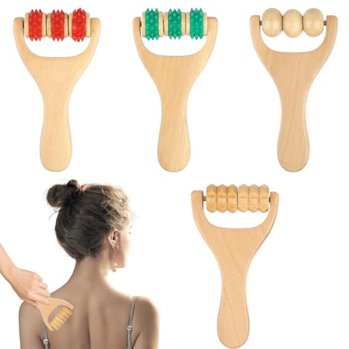 4 Stück Massageroller Holz Massageroller mit Griff Massageroller-Rücken Massage Roller für Entspannung von Rücken Bein Händen Ganzkörpermuskulatur Cellulite