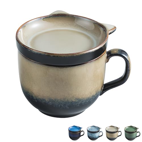 Dowbom Tazza da zuppa con coperchio, 450 ml, adatta per microonde, minestra in ceramica, ciotola per colazione e brodo (Cachi)
