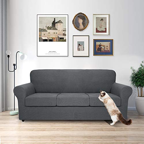 MAXIJIN 4 Piece Couch Covers for 3 Cushion Couch Super Stretch Sofa Cover for Dogs Pet Proof Fitted Furniture Protector Spandex Jacquard Non Slip Magic Sofa Slipcover Washable (Large, Gray) - Image 3