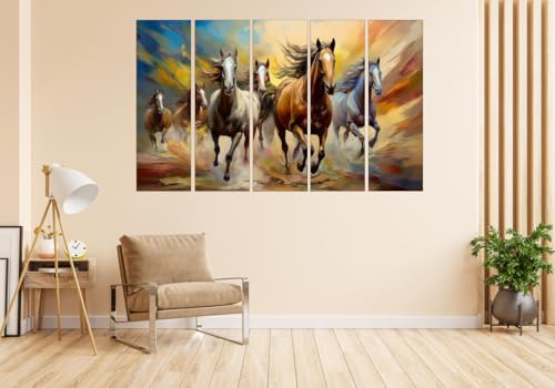 Image of KYARA ARTS 7 Horses Wall Painting for Living Room Big Size(30inchx48inch) 7 Running Horses Painting Vastu for Bedroom, Office, Hotel - Wall Decor Wooden Framed- Digital Painting