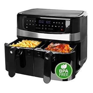 Emerio AF-126672 Digitale dubbele heteluchtfriteuse AirFryer frituren met hete lucht zonder extra olie 2 x 4,5 l volume 12 programma’s BPA vrij Smart Finish functie (beide tegelijkertijd klaar),zwart