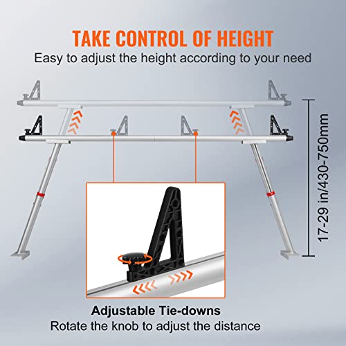 Image of VEVOR Truck Rack with 8 Non-Drilling C-Clamps, 19-34in Adjustable Height Aluminum Ladder Rack for Truck, 800 lbs Capacity Heavy Duty Truck Bed Rack Two-Bar Set for Kayak, Surfboard, Lumber, Ladder