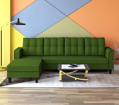 Image of Adorn India Maddox Tufted L Shape 5 Seater Sofa Set LHS (Green) (3 Year Warranty)